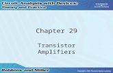 Chapter 29 Transistor Amplifiers. 2 Use of Capacitors in Amplifier Circuits Capacitor review –Store electrical charge –Impedance: –∞ impedance at dc –Impedance.