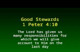 Good Stewards 1 Peter 4:10 The Lord has given us many responsibilities for which we will give account to Him on the last day.