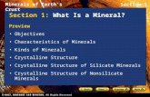 Minerals of Earth’s Crust Section 1 Section 1: What Is a Mineral? Preview Objectives Characteristics of Minerals Kinds of Minerals Crystalline Structure.