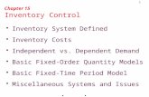 1 Chapter 15 Inventory Control  Inventory System Defined  Inventory Costs  Independent vs. Dependent Demand  Basic Fixed-Order Quantity Models  Basic.