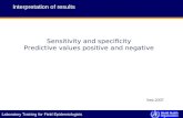 Laboratory Training for Field Epidemiologists Sensitivity and specificity Predictive values positive and negative Interpretation of results Sep 2007.