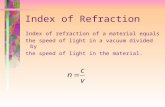 Index of Refraction Index of refraction of a material equals the speed of light in a vacuum divided by the speed of light in the material.