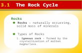 Rocks 3.1 The Rock Cycle  Rocks – naturally occurring, solid mass of minerals  Types of Rocks 1. Igneous rock - formed by the crystallization of molten.