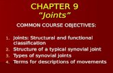 CHAPTER 9 “Joints” COMMON COURSE OBJECTIVES: 1. 1. Joints: Structural and functional classification 2. 2. Structure of a typical synovial joint 3. 3. Types.