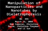 Manipulation of Nanoparticles and Nanotubes by Dieletrophoresis ME 395 March 16, 2004 Ned Cameron, Christine Darve, Christina Freyman, and Li Sun.