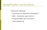 Amplitude correction Important methods: Correction for spherical Divergence AGC - Automatic gain control Programmable Gain functions Trace balancing.