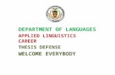 DEPARTMENT OF LANGUAGES APPLIED LINGUISTICS CAREER THESIS DEFENSE WELCOME EVERYBODY.