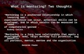 What is mentoring? Two thoughts “Mentoring is a protected relationship in which learning and experimentation can occur, potential skills can be developed,