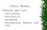 Class Needs…  Please get out: –Calculator –Pen/Pencil –Notebook –Whiteboard, Marker and Rag.
