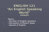 ENGLISH 121 “An English Speaking World” 09/06/05 Topics: --Number of English speakers --Perception of Dialect Types --Spread of English.