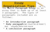 Essay Organization Tips The Multi-Paragraph Essay is an essay that is made up of at least 3 paragraphs. The types of paragraphs included are as follows: