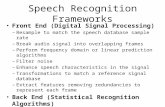 Speech Recognition Frameworks Front End (Digital Signal Processing) – Resample to match the speech database sample rate – Break audio signal into overlapping.