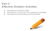 1)Development of Phonics Skills 2)Development of Grammar and Vocabulary Knowledge 3)Development of Note-taking and Writing Skills Part 2: Effective Dictation.