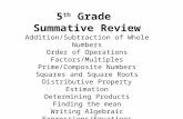 5 th Grade Summative Review Addition/Subtraction of Whole Numbers Order of Operations Factors/Multiples Prime/Composite Numbers Squares and Square Roots.