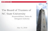 The Board of Trustees of NC State University Responsibilities, Duties & Delegated Authority July 15, 2010.