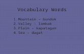 Vocabulary Words 1.Mountain – bundok 2.Valley – lambak 3.Plain – kapatagan 4.Sea – dagat.