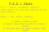 P.E.E / SQuEx P.E.E – point, evidence, explain (Your point can also be referred to as your claim.) SQuEx – say, quote, explain 1)MAKE A POINT/CLAIM 2)PROVE.