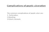 Complications of peptic ulceration The common complications of peptic ulcer are: 1- Perforation. 2-Bleeding. 3-Pyloric stenosis.