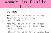 Women in Public Life Do Now: Do you think that males and females have the same opportunities? Do you think men and women should have equal rights in public.