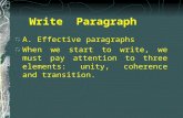 Write Paragraph A. Effective paragraphs When we start to write, we must pay attention to three elements: unity, coherence and transition.
