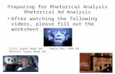 Preparing for Rhetorical Analysis Rhetorical Ad Analysis After watching the following videos, please fill out the worksheet. Civic Super Bowl AdApple Mac.