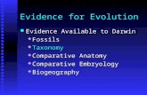 Evidence for Evolution Evidence Available to Darwin Evidence Available to Darwin  Fossils  Taxonomy  Comparative Anatomy  Comparative Embryology