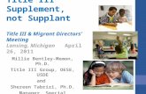 Title III Supplement, not Supplant Title III & Migrant Directors’ Meeting Lansing, MichiganApril 26, 2011 Millie Bentley-Memon, Ph.D. Title III Group,