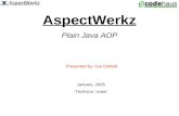 AspectWerkz Plain Java AOP Presented by: Gal Ostfeld January, 2005 Technion, Israel.