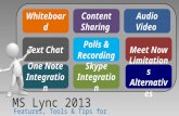 Whiteboard Content Sharing Audio Video Text Chat Polls & Recording Meet Now Skype Integration MS Lync 2013 Features, Tools & Tips for facilitators… Limitations.