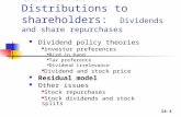 14-1 CHAPTER 15 Distributions to shareholders: Dividends and share repurchases Dividend policy theories investor preferences Bird in hand Tax preference.