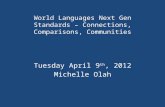 World Languages Next Gen Standards – Connections, Comparisons, Communities Tuesday April 9 th, 2012 Michelle Olah.