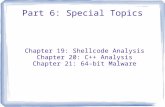 Part 6: Special Topics Chapter 19: Shellcode Analysis Chapter 20: C++ Analysis Chapter 21: 64-bit Malware.