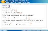 Holt Algebra 1 2-1 Solving Equations by Adding or Subtracting Warm Up Evaluate. 1.  + 4 2. 0.51 + (0.29) Give the opposite of each number. 3. 84.