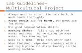 Lab Guidelines—Multicultural Project 1. Always wear an apron, tie hair back, & wash hands thoroughly. 2. Paper towels are for hands, dish towels are for.