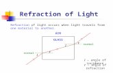 Refraction of Light Refraction of light occurs when light travels from one material to another. normal i r i r AIR GLASS i – angle of incidence r – angle.