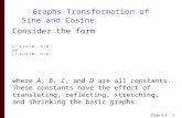 Slide 6.6 - 1 Graphs Transformation of Sine and Cosine Consider the form y = A sin (Bx – C) + D and y = A cos (Bx – C) + D where A, B, C, and D are all.