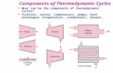 Components of Thermodynamic Cycles w What can be the components of thermodynamic cycles? w Turbines, valves, compressors, pumps, heat exchangers (evaporators,