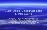 Blue Jets Observations & Modeling Gennady Milikh, University of Maryland, College Park, MD, USA Presented at the workshop on streamers, sprites, leaders,