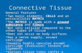 Connective Tissue General Features  Two basic elements: CELLS and an extracellular MATRIX  The MATRIX is made with a ground substance and fibers  Not.