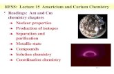 15-1 RFSS: Lecture 15 Americium and Curium Chemistry Readings: Am and Cm chemistry chapters §Nuclear properties §Production of isotopes §Separation and.