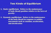 Two Kinds of Equilibrium 1.Static equilibrium: Refers to the maintenance of body (head) position relative to the force of gravity. 2.Dynamic equilibrium: