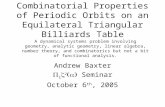 Combinatorial Properties of Periodic Orbits on an Equilateral Triangular Billiards Table Andrew Baxter  i    Seminar October 6 th, 2005 A dynamical.