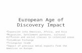 European Age of Discovery Impact Expansion into Americas, Africa, and Asia Migration, Settlement patterns, cultural diffusion and social classes in colonized.