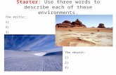 The desert: 1) 2) 3) Starter: Use three words to describe each of these environments. The Arctic: 1) 2) 3)