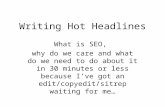 Writing Hot Headlines What is SEO, why do we care and what do we need to do about it in 30 minutes or less because I’ve got an edit/copyedit/sitrep waiting.