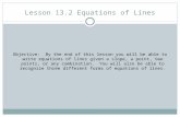 Lesson 13.2 Equations of Lines Objective: By the end of this lesson you will be able to write equations of lines given a slope, a point, two points, or.