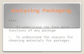 Analysing Packaging Aims: To understand the four main functions of any package To understand the reasons for choosing materials for packages.