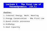 Lecture 2 The First Law of Thermodynamics (Ch.1) Outline: 1.Internal Energy, Work, Heating 2.Energy Conservation – the First Law 3.Quasi-static processes.