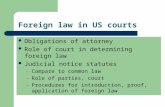 Foreign law in US courts Obligations of attorney Role of court in determining foreign law Judicial notice statutes – Compare to common law – Role of parties,