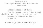 1 Section 2.3 Set Operations and Cartesian Products Intersections of Sets The intersection of Set A and B, written is the set of elements common to both.